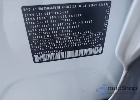 2019 Volkswagen Tiguan 2.0T Se/2.0T Sel/2.0T Sel R-Line/2.0T Sel R-Line Black из США, поврежденный, VIN 3VV2B7AX4KM194301